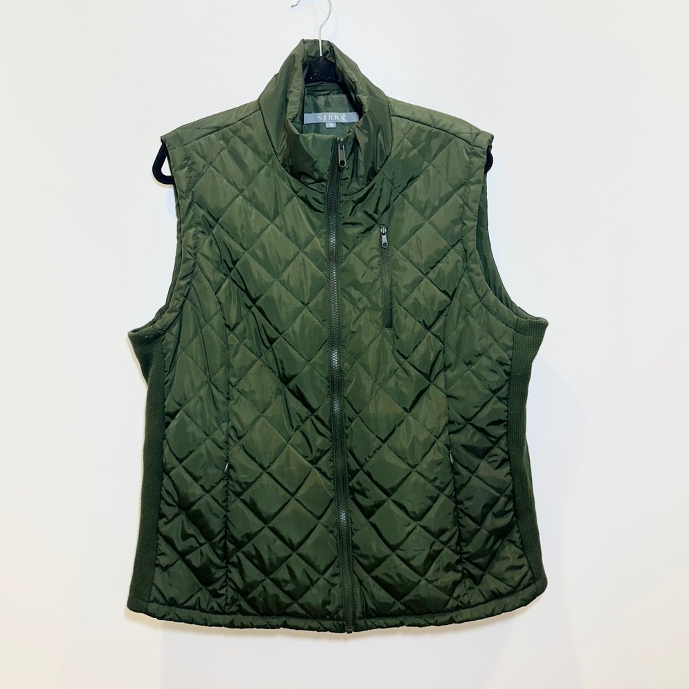 Serra Olive Green Quilted Puffer Vest Mock Neck Full Zip Ribbed Sides XL